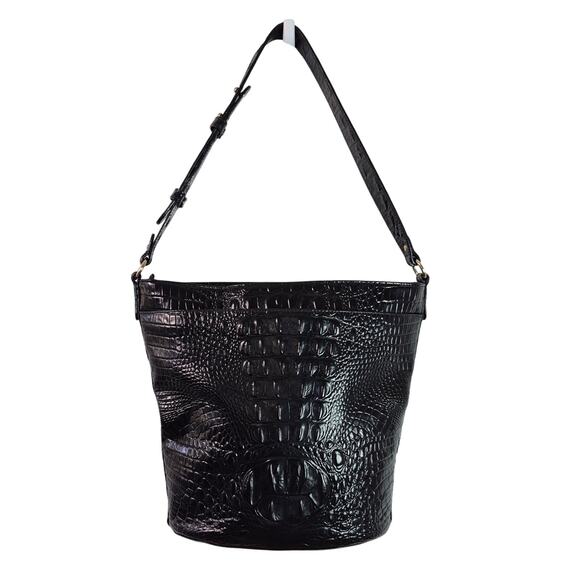 Brahmin Black Patent Leather Croc Bucket Bag Shoulder Bag Purse Tote - Picture 1 of 8